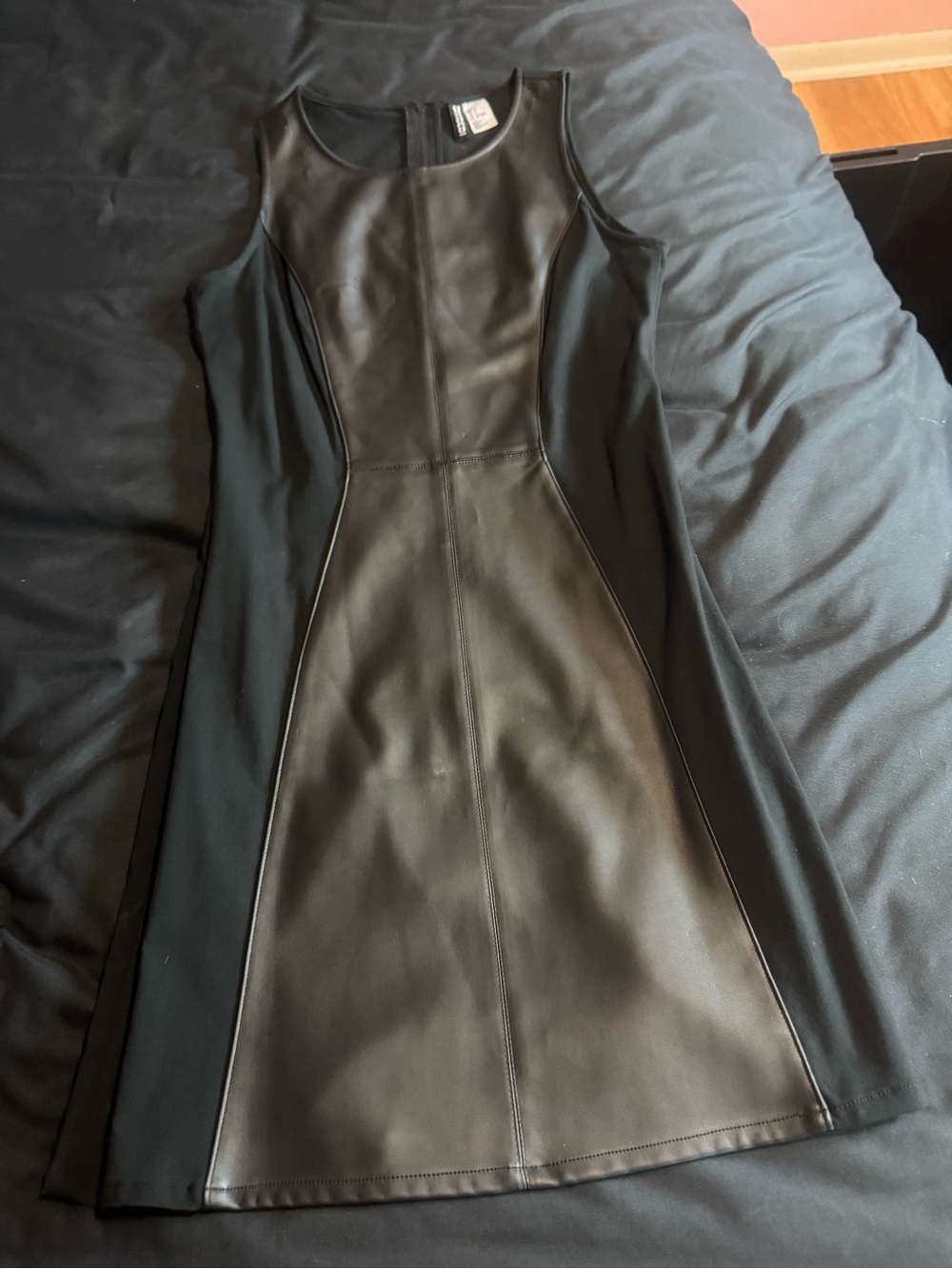 H&M Black Faux Leather Panel A-Line Mini Dress